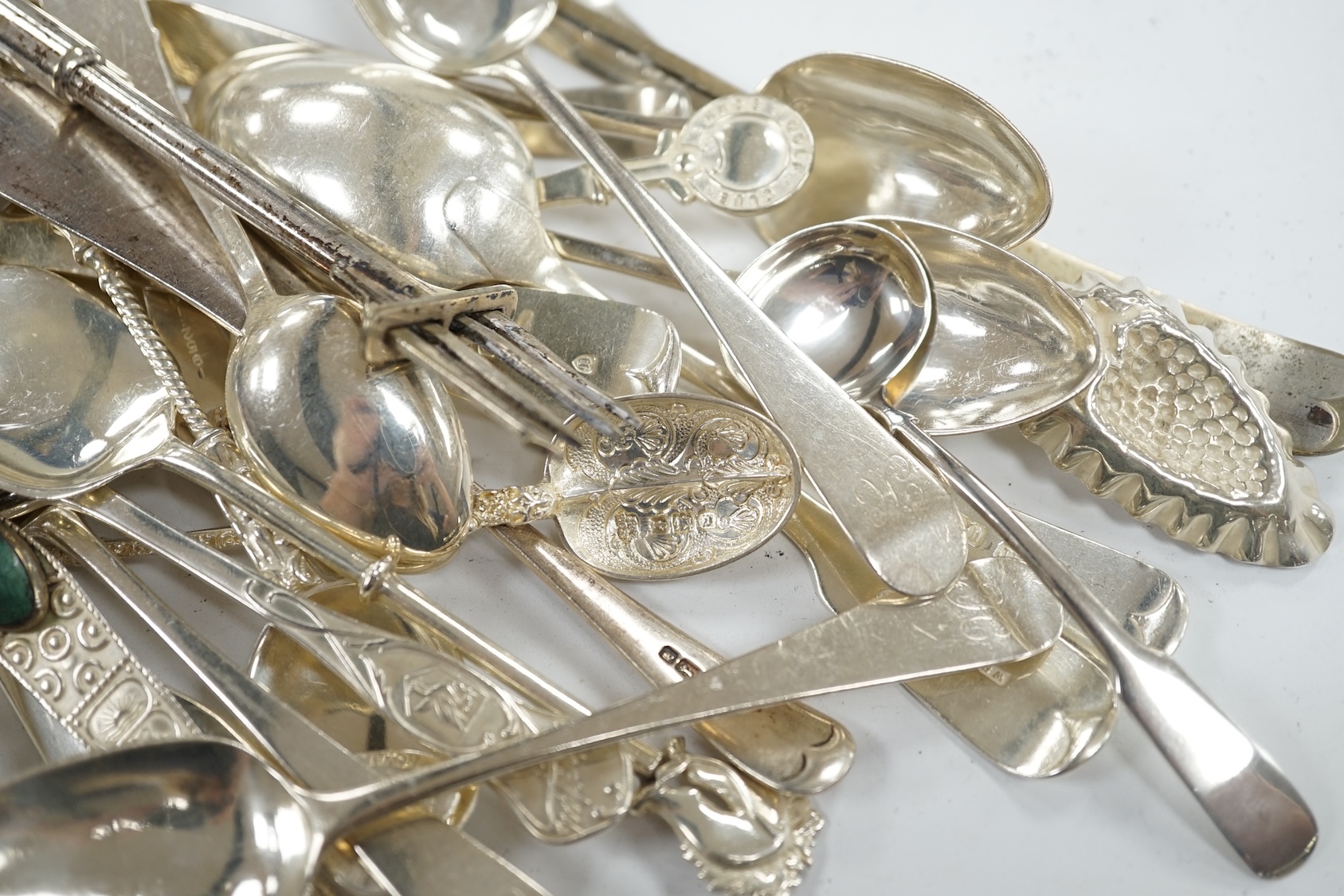 A group of assorted Georgian and later silver and 925 teaspoons etc, 12oz and five plated items. Condition - poor to fair